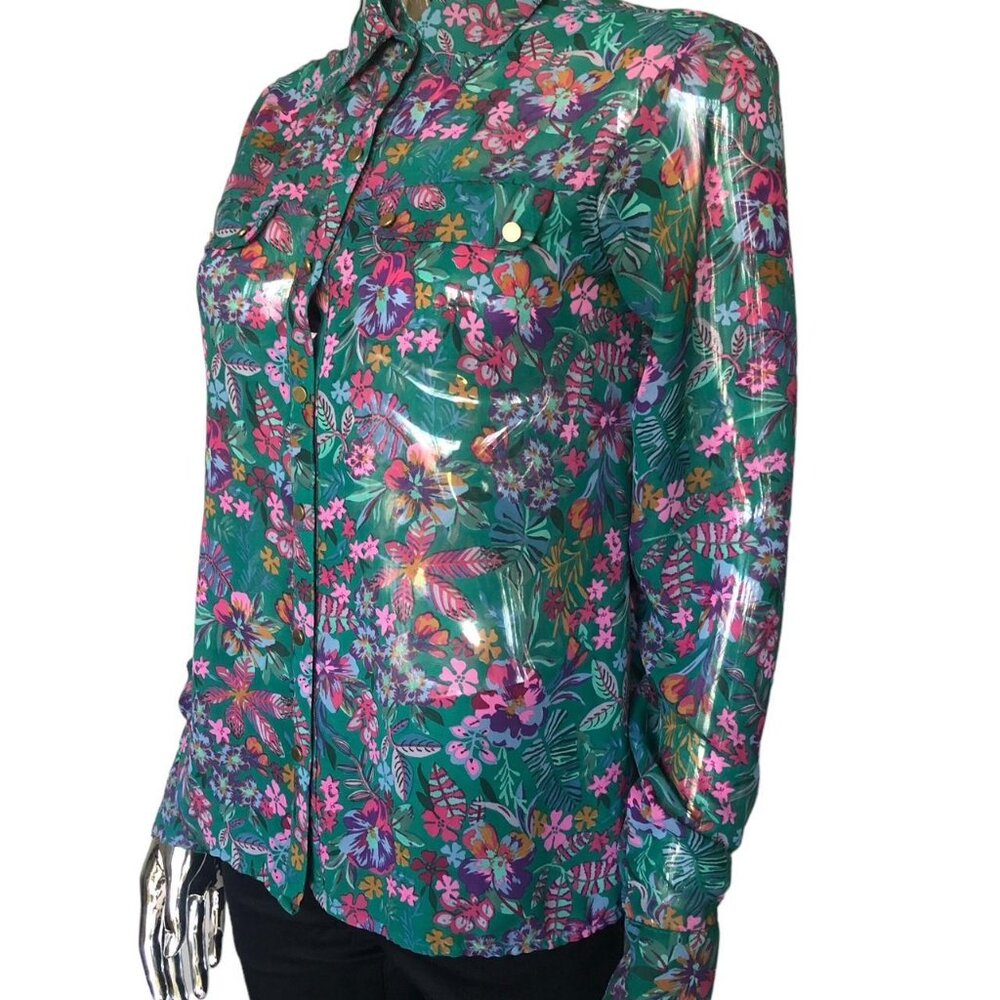 Floral Sheer Blouse with Back Slit & Gold Buttons
